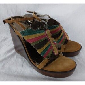 Colin Stuart Leather Butterfly Wedge Sandal Wood Heel Platform Women's Size 8.5